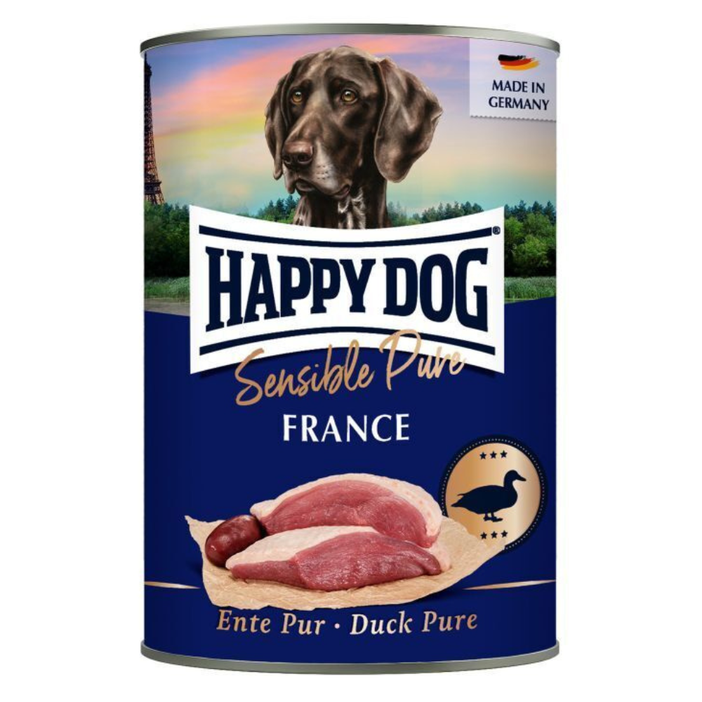 HAPPY DOG Sensible Pure France – Conserva Hrană Umedă Monoproteică fără Cereale pentru Câini Adulți, cu 100% Rață, 400 g