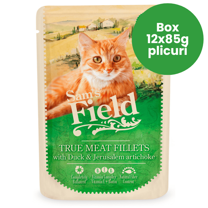 SAM'S FIELD Cat Pouch Duck & Jerusalem Artichoke Box 12x85 g | Hrana Umeda Superpremium pentru Pisici Adulte | Fileuri de Rata si Anghinare de Ierusalim | Reteta Naturala pentru Digestie Sanatoasa si Vitalitate