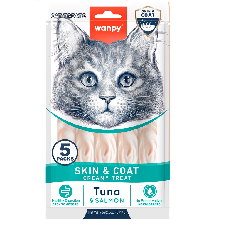 WANPY Skin & Coat Care Creamy Lickable Cat Treats cu Ton si Somon, plicuri 5x14 g – Recompensa Functionala Cremoasa Superpremium pentru Pisici, Suport pentru Piele Sanatoasa si Blana Stralucitoare