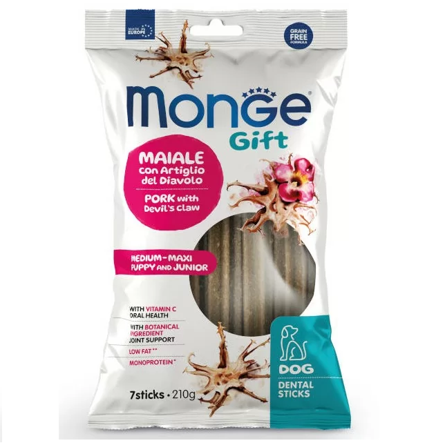 MONGE Gift Medium - Maxi Junior Dental Sticks, cu Porc, Recompense Caini Juniori Tale Medie sau Mare, Pentru Igiena Orala, 210g