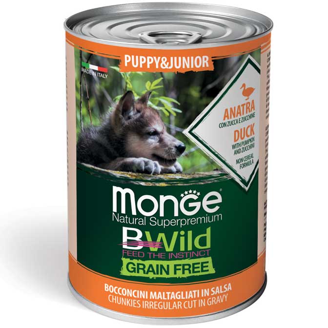 MONGE BWild Grain Free Puppy & Junior cu Rață, Dovleac și Dovlecel – Conserva  Hrană Umedă Fără Cereale pentru Caini Juniori (bucatele in sos), 400g