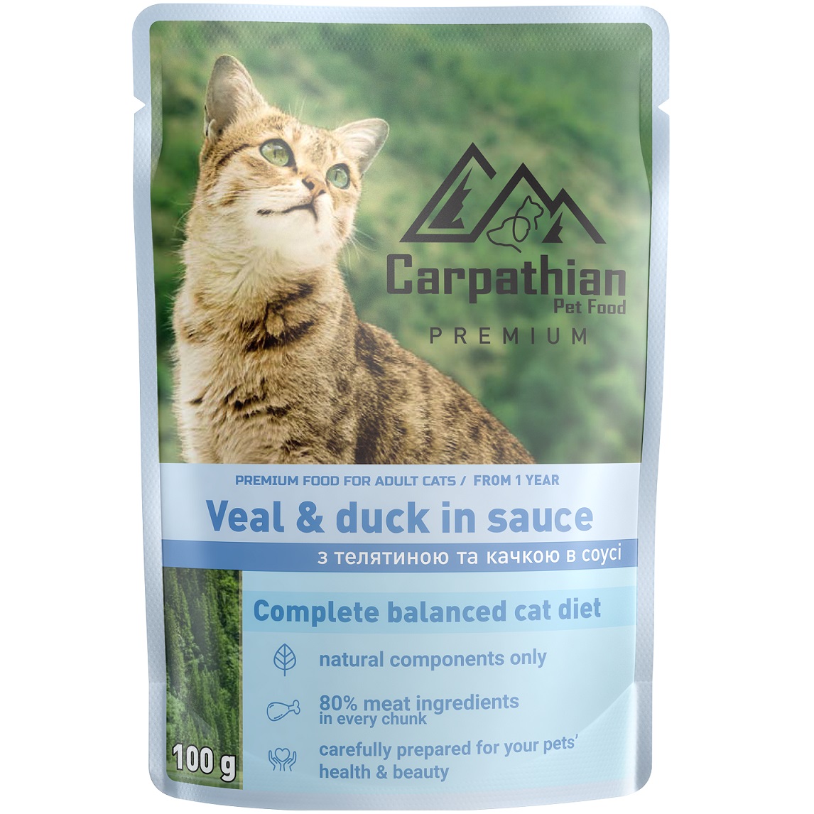 CARPATHIAN Premium, Plic Hrana Umeda Pisici Adulte, cu Vitel si Rata in Sos, 100g