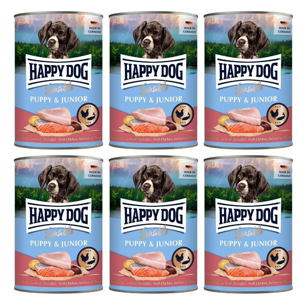 HAPPY DOG Sensible Puppy & Junior, cu Pui, Somon si Cartofi – Set Conserve Hrană Umedă fara Gluten pentru Căţei Juniori, 6x400g
