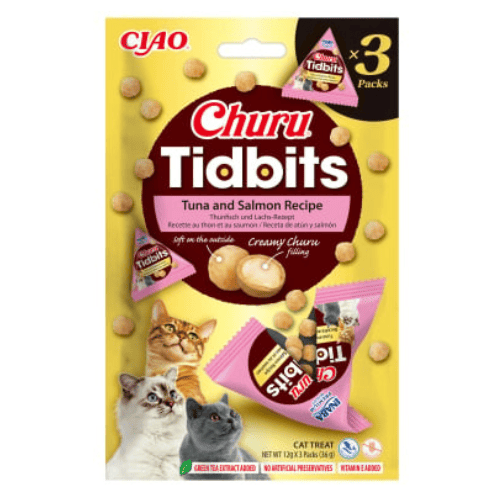 INABA Churu Cat Tidbits Tuna & Salmon 3x12 g | Recompense pentru Pisici cu Ton si Somon | Exterior Fraged si Umplutura Cremoasa