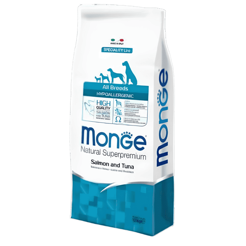 MONGE Natural Hipoalergenic Adult, Somon si Ton, Hrana Uscata Caine Digestie Sensibila | Piele Sanatoasa | Blana stralucitoare, 12kg