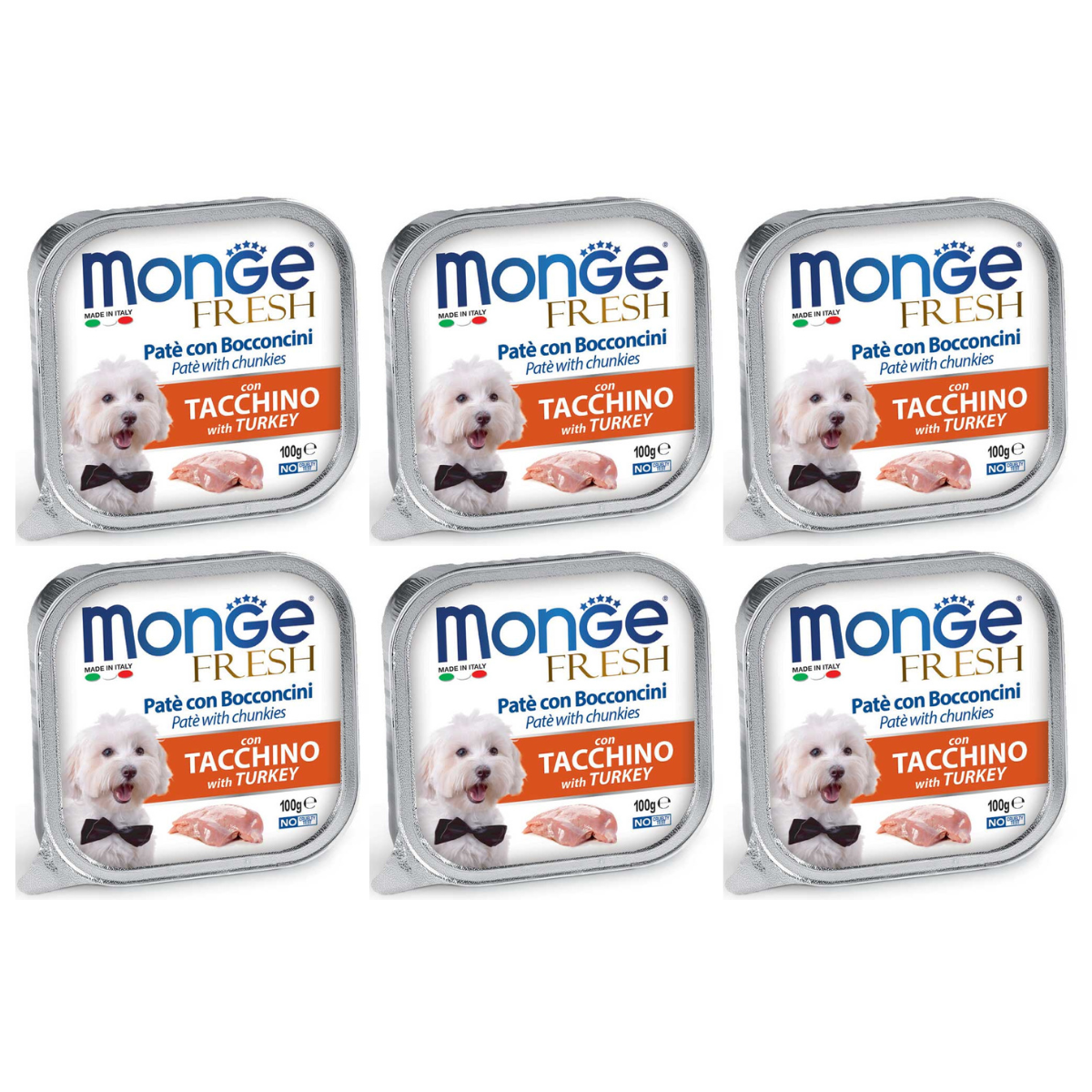 MONGE Fresh, cu Curcan, Set Conserve Hrana Umeda Pentru Caini (pateu cu bucatele de carne), 6x100g
