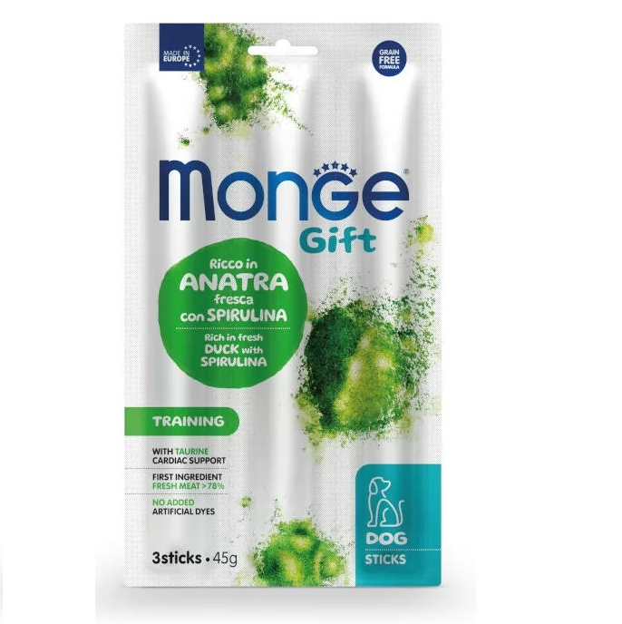 MONGE Gift Dog Training, cu Rata si Spirulina, Recompensa Antistress Pentru Caini, Folie x 3 Stick, 45g