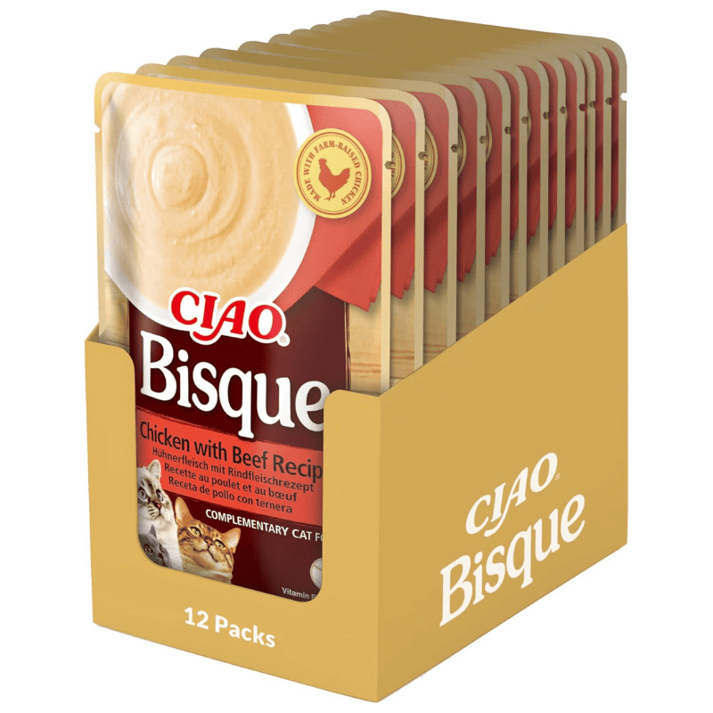 CIAO CHURU Bisque Cat Food Piure Fin de Pui cu Vita Box 12x40 g | Hrana Complementara Umeda pentru Pisici | Delicioasa si Sanatoasa, Fara Cereale, Topping Palatabil