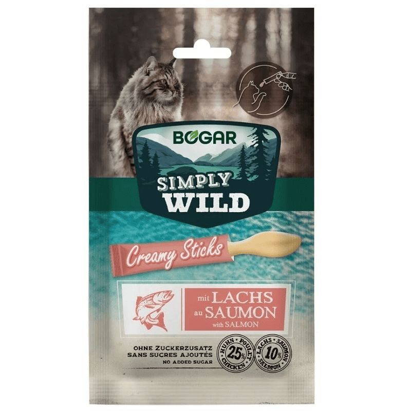 BOGAR Simply Wild Creamy Sticks Somon 5 x 15 g | Snack Cremos pentru Pisici cu Somon