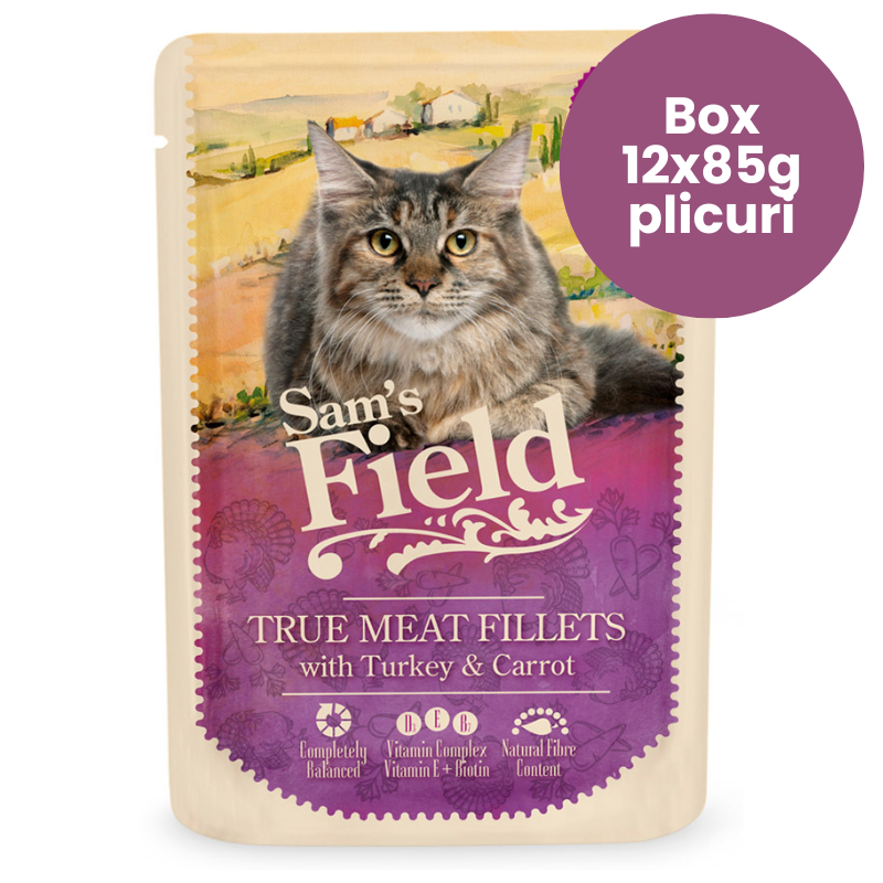 SAM'S FIELD Cat Pouch Turkey & Carrot Box 12x85 g | Hrana Umeda Superpremium pentru Pisici Adulte | Fileuri de Curcan si Morcov | Reteta Naturala Bogata in Proteine si Fibre