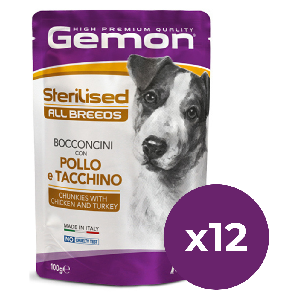 GEMON All Breeds Dog Sterilised cu Pui și Curcan – Set Plicuri Hrană Umedă pentru Câini Adulți Sterilizați, (bucăți în aspic), 12x100g