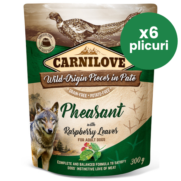CARNILOVE Dog Pouch Pate Fazan cu Frunze de Zmeur Set 6x300 g – Hrană Umedă Fără Cereale pentru Câini, Bogată în Proteine Sălbatice și Antioxidanți Naturali