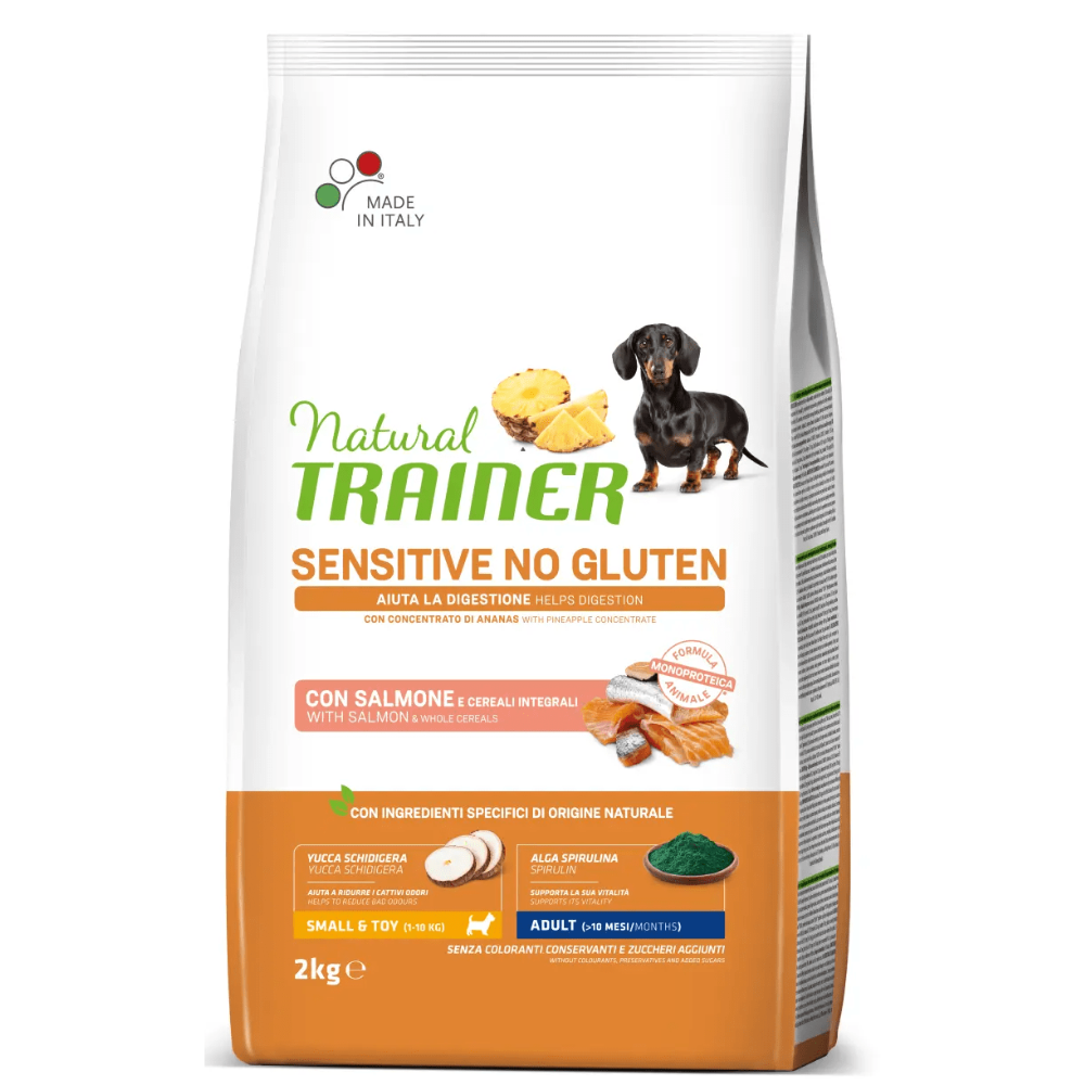 NATURAL TRAINER Dog Mini Adult Sensitive No Gluten cu Somon, Hrană Uscată Monoproteică pentru Câini de Talie Mică, 2kg
