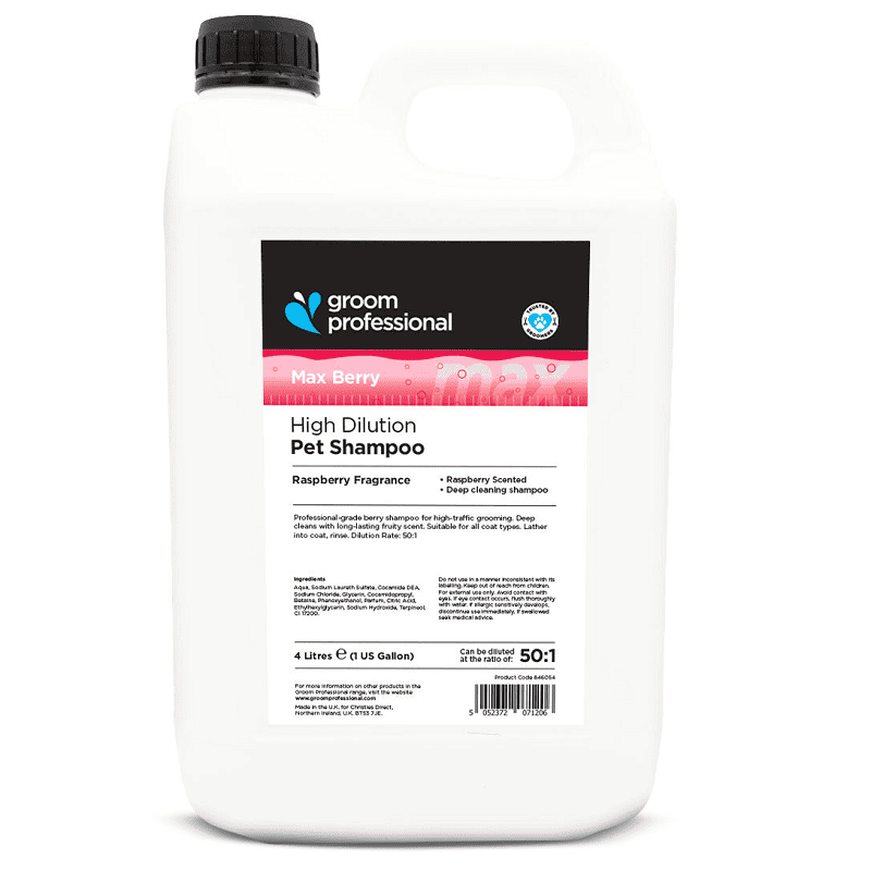 GROOM PROFESSIONAL Max Shampoo Berry 4 L | Șampon Profesional, Super-Concentrat (dilutie 50:1) pentru Câini | Curatare Profunda și Parfum Intens de Zmeura