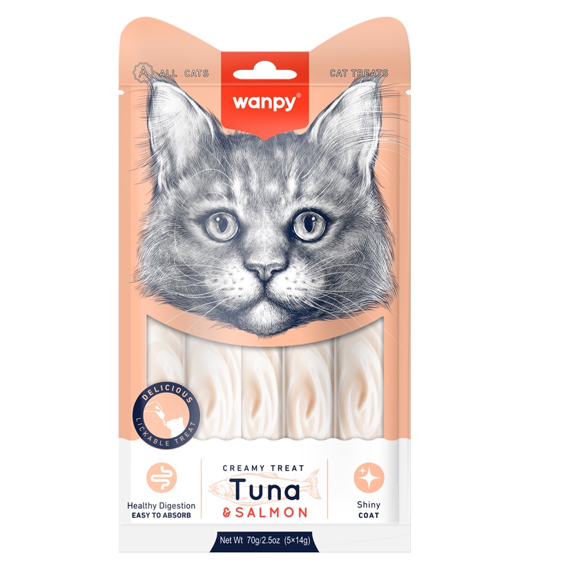WANPY Creamy Lickable Cat Treats cu Ton si Somon, plicuri 5x14 g – Recompensa Cremoasa Superpremium pentru Pisici, Fara Coloranti sau Conservanti