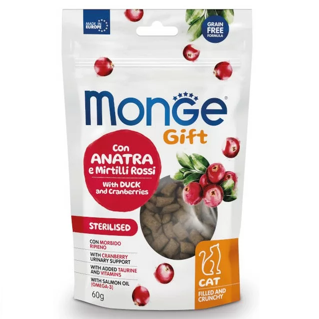MONGE Gift Sterelised Cat, cu Rata si Merisoare, Recompense Pisici Sterilizate, Protectia Tractului Urinar, 60g