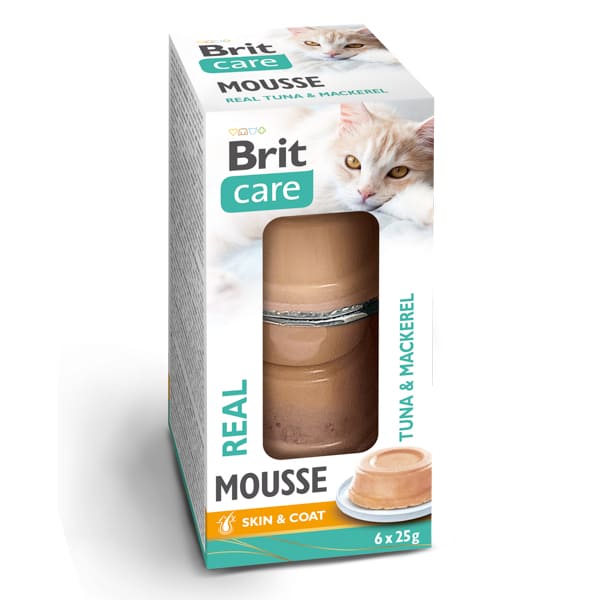 BRIT CARE Cat Mousse Real cu Ton si Macrou 6x25 g | Hrana Umeda Complementara pentru Pisici (pateu fin)