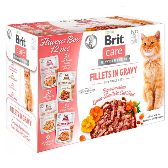 BRIT CARE Cat Flavour Box Fillets in Gravy, Set Plicuri Hrana Umeda Fara Cereale Pentru Pisici Adulte (fillet in sos) 12x85g