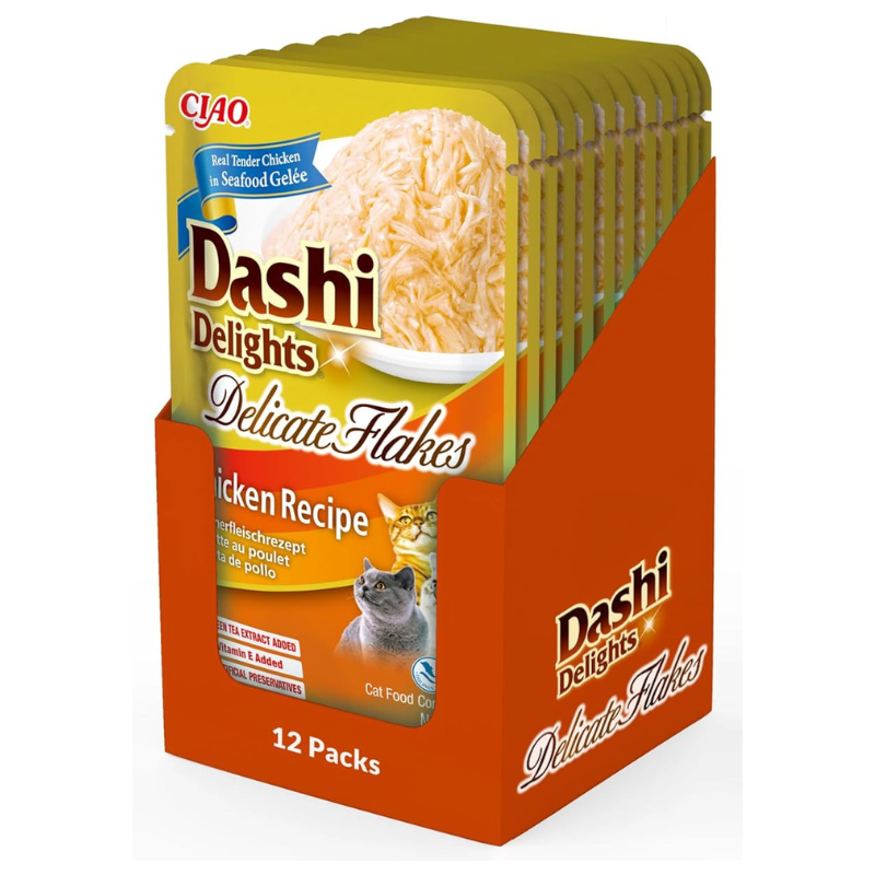 CIAO Dashi Delights Delicate Flakes Pui Box 12x40 g | Hrana Umeda Complementara pentru Pisici | Bucatele Fine, Nutritive, Sanatoase, Delicioase si Fara Cereale