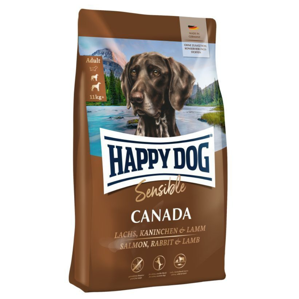 HAPPY DOG Sensible Canada, cu Somon, Iepure si Miel – Hrană Uscata Fără Cereale pentru Câini Adulți Activi, 11kg