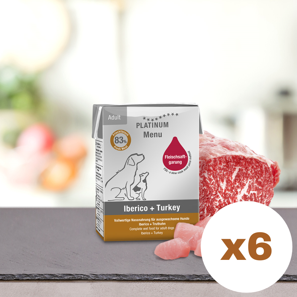 PLATINUM Menu Adult, Porc Iberic si Curcan, Bax Hrana Umeda Pentru Caini, 6x185g