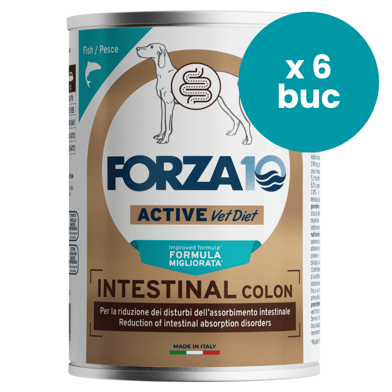 FORZA10 Active Vet Diet Intestinal Colon, Dietă Umedă Monoproteică cu Peste pentru Câini cu Colită sau Tulburări ale Pancreasului Exocrin, Multipack 6x390 g