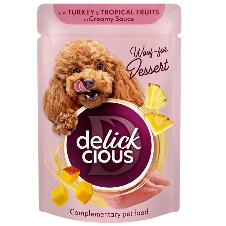 DELICKCIOUS Dog Fulgi de Curcan și Fructe Tropicale în Sos Cremos 80 g | Hrană Umedă Complementară pentru Câini Adulți
