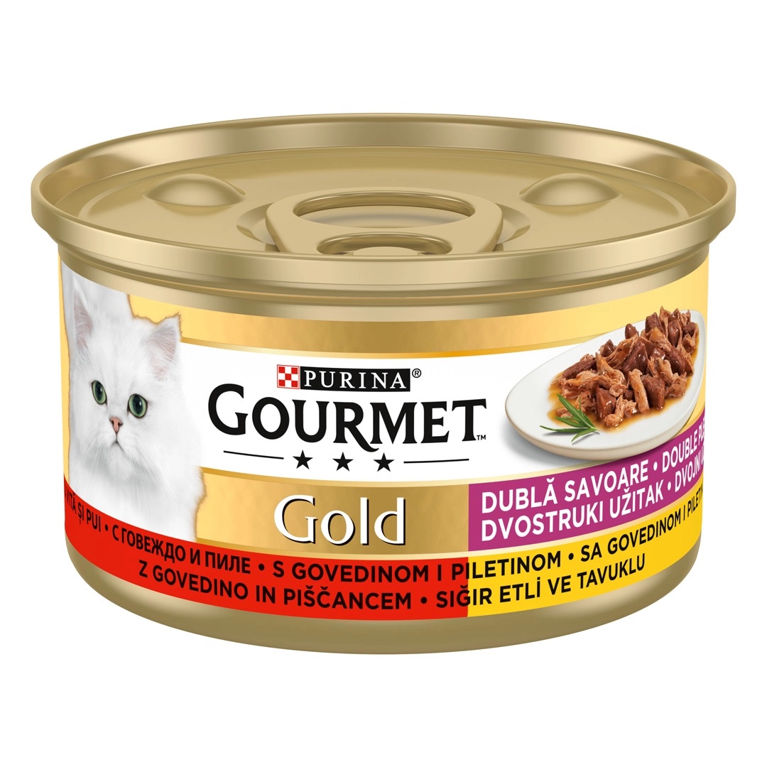 PURINA Gourmet Gold Dubla Savoare, cu Vita si Pui, Conserva Hrana Umeda Pentru Pisici Adulte, 85g