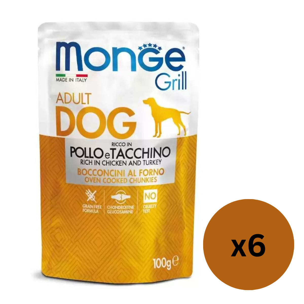MONGE Dog Grill, cu Pui si Curcan, Set Plicuri Hrana Umeda Fara Cereale Pentru Caini, 6x100g