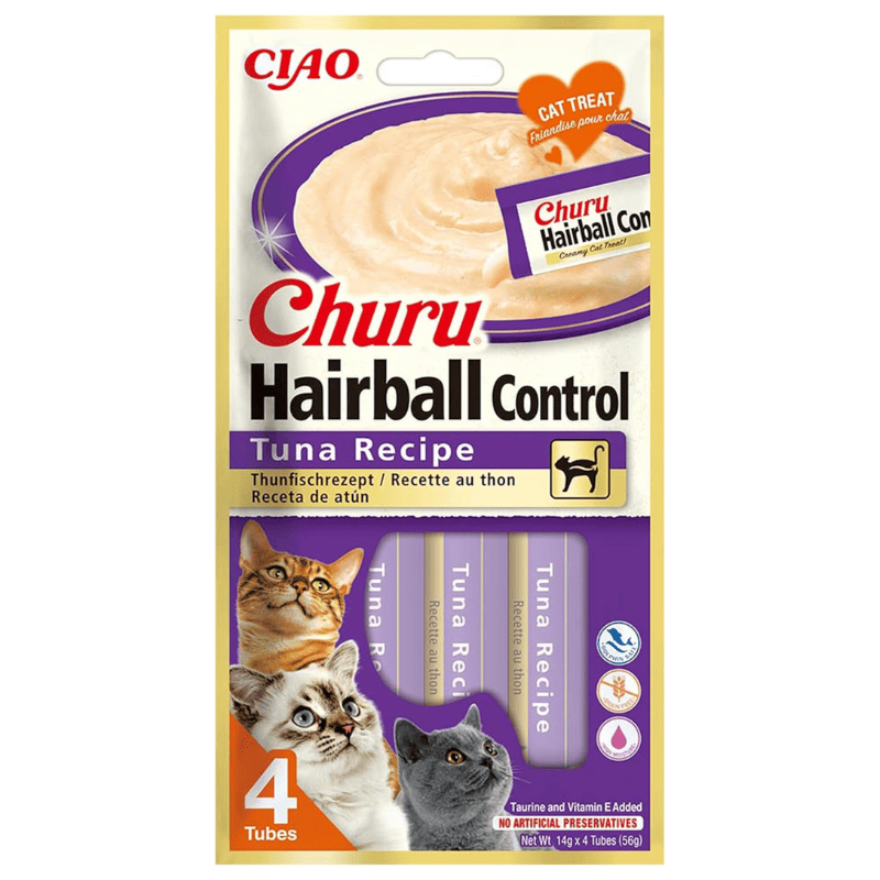 INABA Ciao Churu Hairball Control Tuna Recipe 4x14 g | Recompensa Functionala Cremoasa pentru Pisici | cu Ton | Formula pentru Reducerea si Eliminarea Ghemelor de Blana