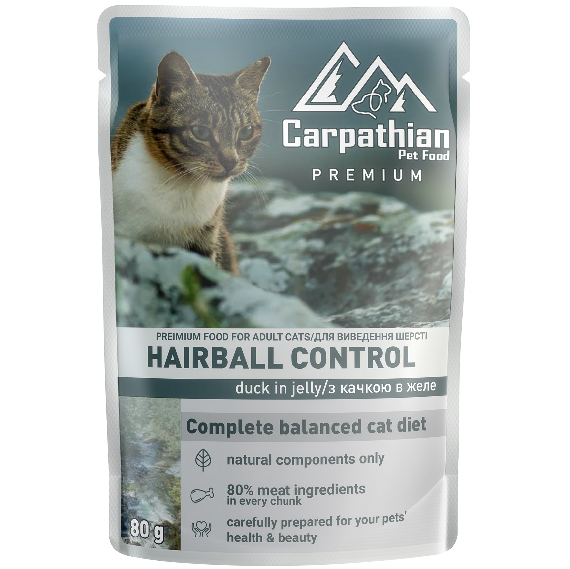 CARPATHIAN Premium Hairball Control, Plic Hrana Umeda Pisici Adulte, cu Rata in aspic, 80g