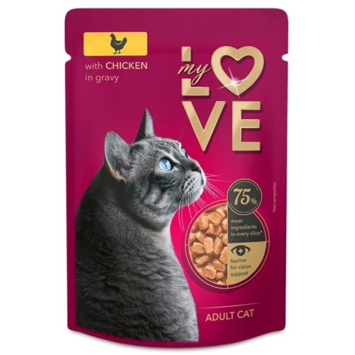 MY LOVE CAT Hrană Umedă pentru Pisici Adulte cu Pui, 85 g | Bucățele în Sos