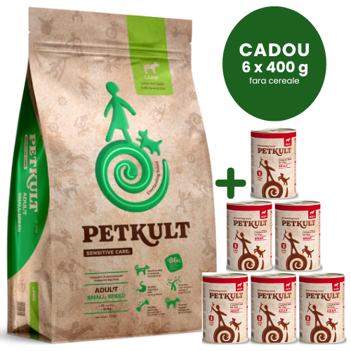 Promo PETKULT Sensitive Adult Small Miel & Orez 12kg | Hrană Uscată pentru Câini Talie Mică, Digestie Sensibilă + 6 Conserve Petkult Grain Free 400 g CADOU