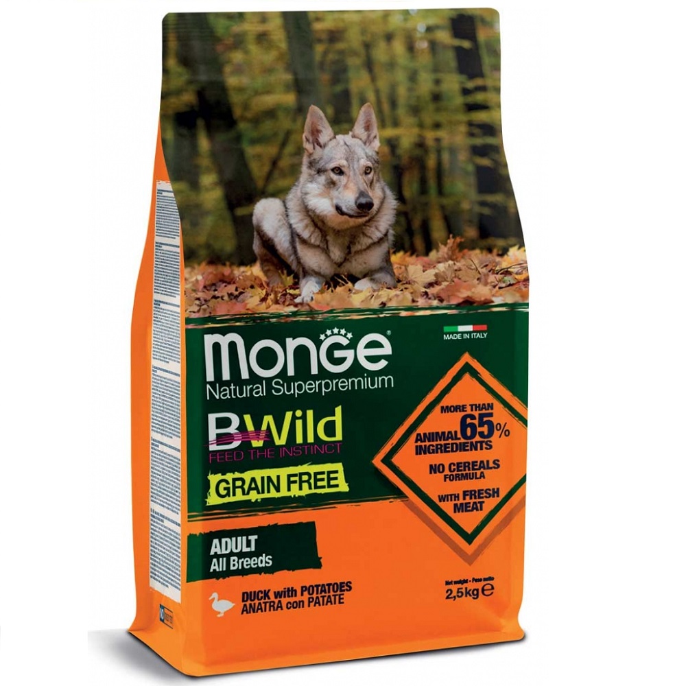 MONGE Bwild Grain Free cu Rață și Cartofi – Hrană Uscată Superpremium pentru Câini Adulți, 2.5kg