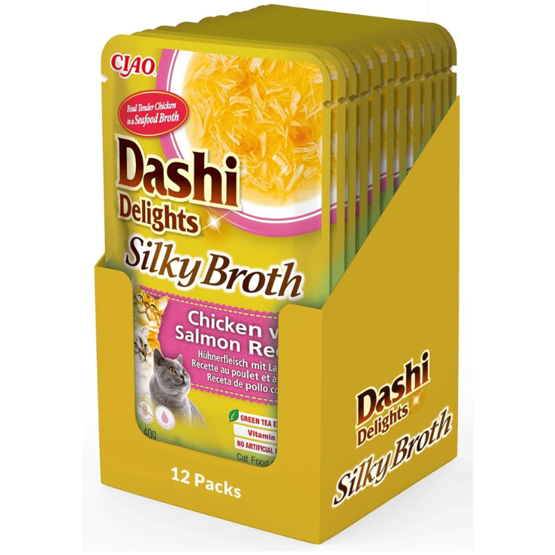 CIAO Dashi Delights Silky Broth Pui cu Somon Box 12x40 g | Hrana Umeda Complementara pentru Pisici | Supa Fina Fara Cereale, Nutritiva, Sanatoasa si Delicioasa
