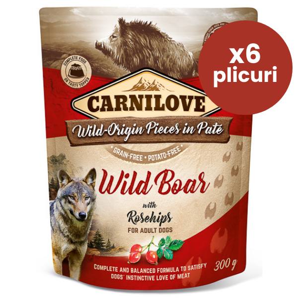 CARNILOVE Dog Pouch Pate Mistreț cu Măceșe Set 6x300 g – Hrană Umedă Fără Cereale pentru Câini Adulți, Sursă Naturală de Vitamine și Vitalitate