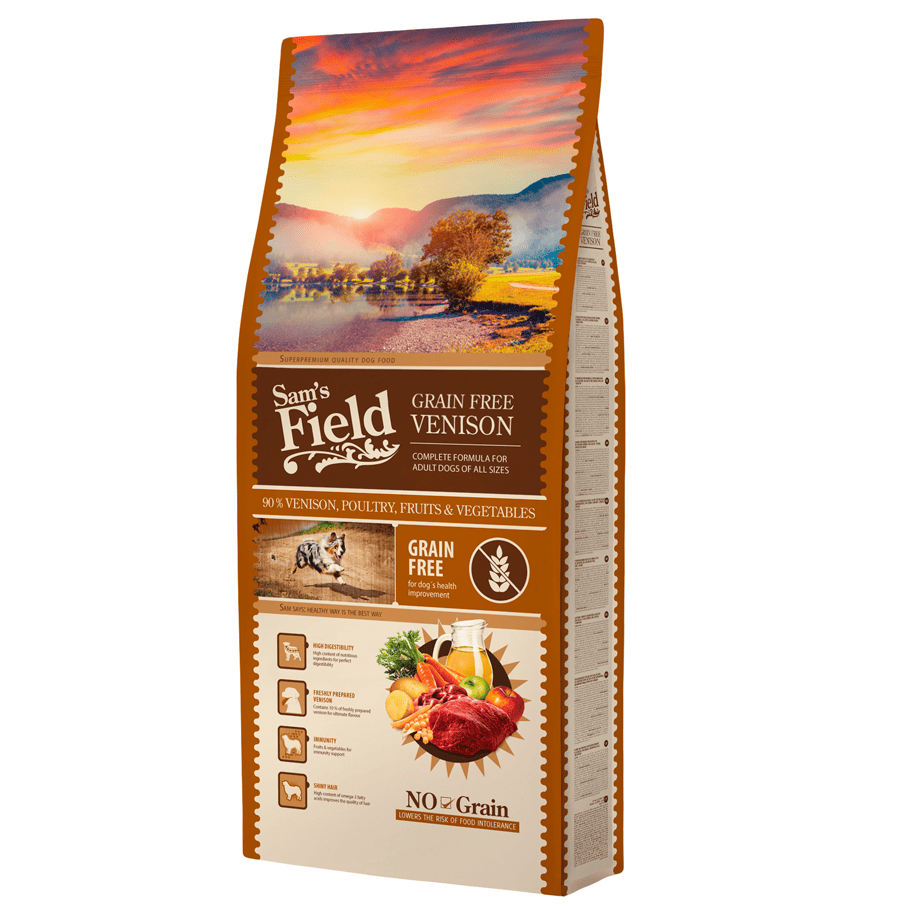 SAM'S FIELD Adult Grain-Free Venison 13 kg | Hrana Uscata Super-Premium pentru Caini Adulti | Formula Grain-Free cu Carne de Caprioara, Pasare, Fructe si Legume | Hipoalergenica, Bogata in Proteine si Omega-3