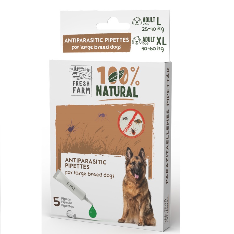 FRESH FARM Spot-On Caini de Talie Mare L-XL, 5x5 ml – Solutie Naturala Antiparazitara cu Extracte Vegetale si Uleiuri Esentiale