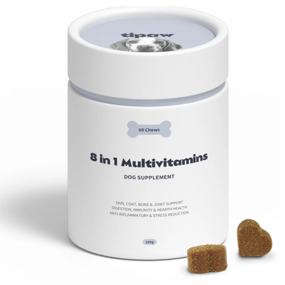Tipaw 8-in-1 Multivitamins – Supliment Natural Complex pentru Câini, cu Glucozamină, Ulei de Somon și Probiotice, 60 buc
