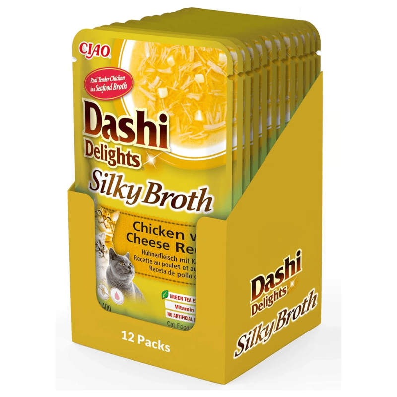 CIAO Dashi Delights Silky Broth Pui cu Branza Box 12x40 g | Hrana Umeda Complementara pentru Pisici | Supa Fina Fara Cereale, Nutritiva, Sanatoasa si Delicioasa