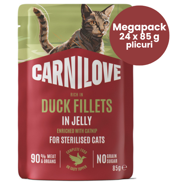 CARNILOVE Cat Sterilised cu Rață și Catnip Megapack 24x85 g | Hrană Umedă Completă Fără Cereale pentru Pisici Adulte Sterilizate