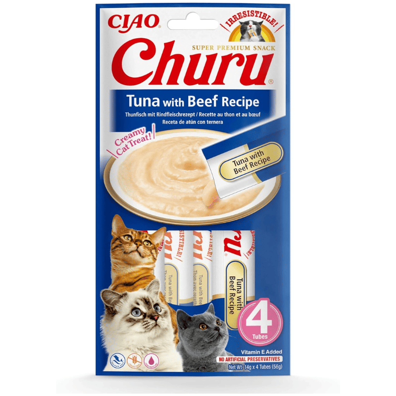 INABA Ciao Churu Creamy Sticks Tuna & Beef Recipe 4x14 g | Recompense Cremoase fara Cereale pentru Pisici | cu Ton si Vita | Sanatoase, Hidratante si cu Calorii Putine