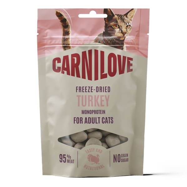 CARNILOVE Cat Turkey Freeze-Dried Snack 40 g | Recompense Liofilizate Monoproteice cu 95% Carne de Curcan pentru Pisici Adulte