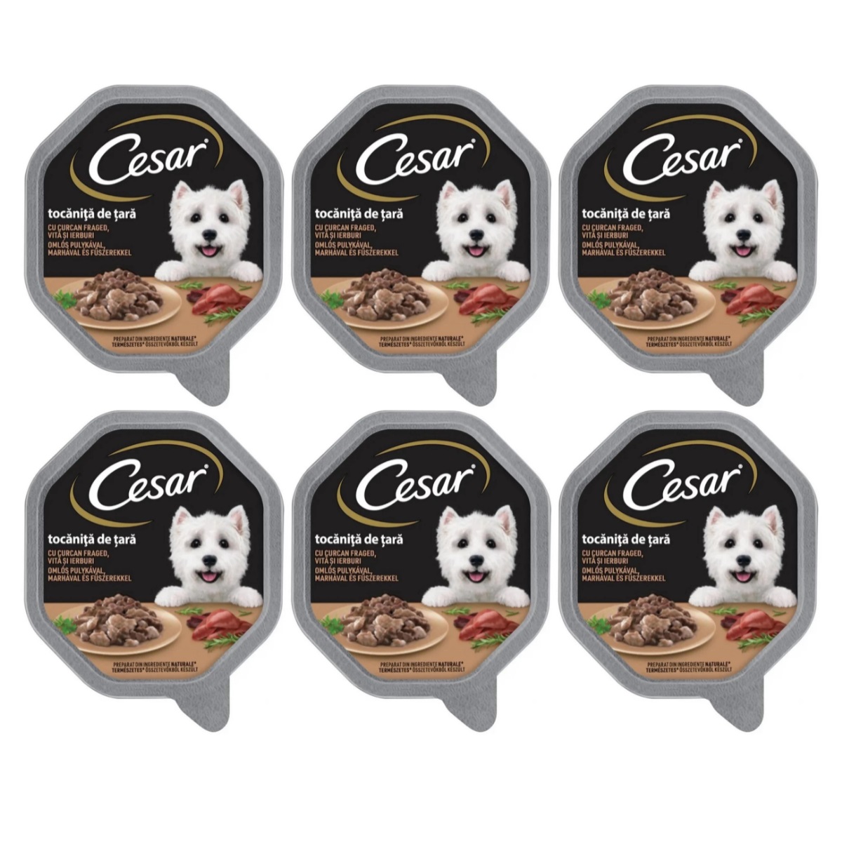 CESAR Tocanita cu Curcan si Vita, Set Conserve Hrana Umeda Pentru Caini, 6x150g