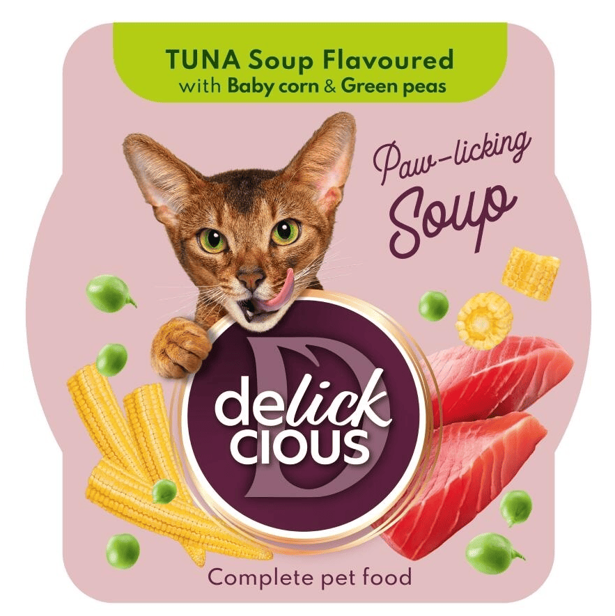 DELIKCIOUS Cat Supă de Ton cu Porumb si Mazăre 80 g | Hrană Umedă Completa pentru Pisici Adulte