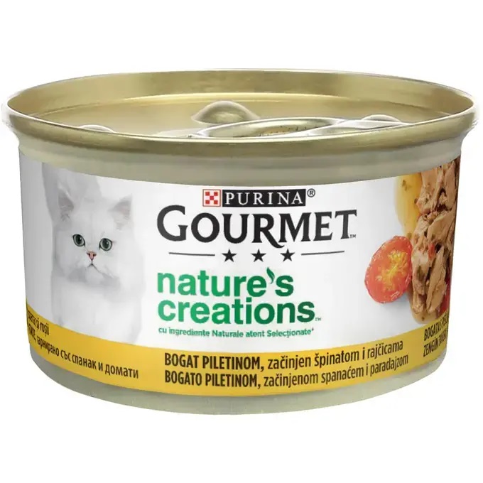 PURINA Gourmet Nature's Creations, Pui cu Spanac si Rosii, Conserva Hrana Umeda Pentru Pisici, 85g