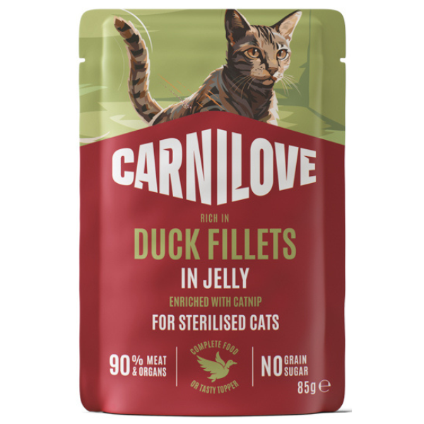 CARNILOVE Cat Sterilised cu Rață și Catnip 85 g | Hrană Umedă Completă Fără Cereale pentru Pisici Adulte Sterilizate