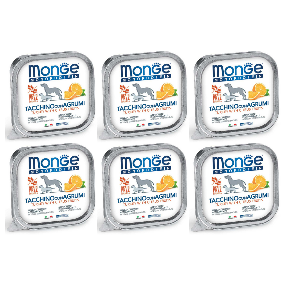 MONGE MONOPROTEIN Grain Free Adult, Curcan si Citrice, Bax Hrana Umeda Monoproteica, Fara Cereale, Caine (pateu) 6x150g