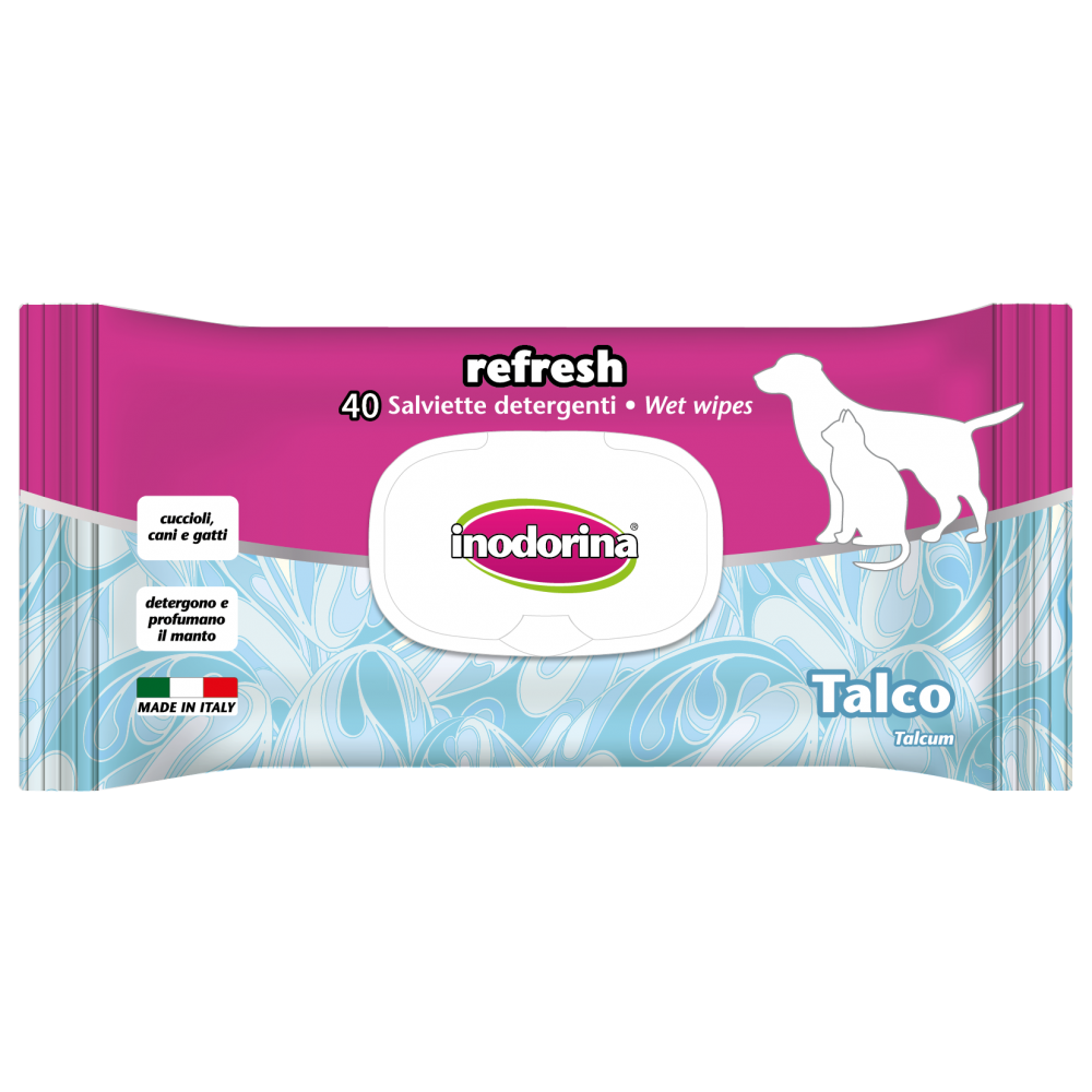 INODORINA Refresh, Servetele Umede Pentru Caini si Pisici, cu Aroma de Talc, 40buc