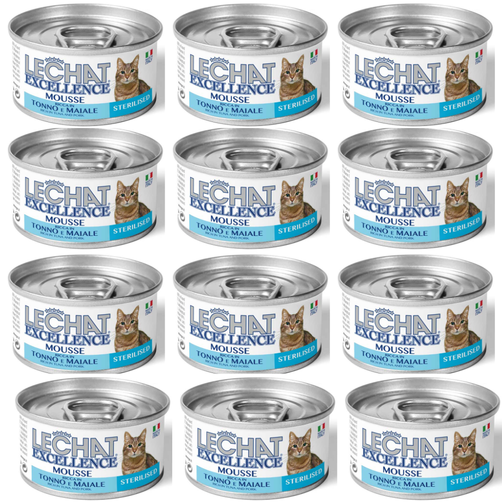 LeChat Excellence Mousse Sterilized, cu Ton și Porc - Set Conserve Hrana Umeda pentru Pisici Sterilizate, (mousse delicat), 12x85 g
